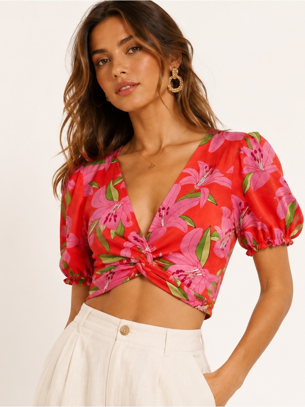 Lulumari Pink Red Tropical Floral Puff Sleeve Crop Top Resort